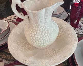 White Ceramic Pitcher and Bowl Set with Grape and Leaf Motif