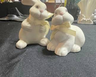 Pair of Flocked Bunnies with Yellow Ribbons