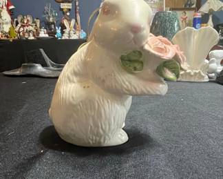 Ceramic Bunny Figurine Holding Pink Flowers