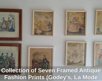 Collection of Seven Framed Antique Fashion Prints Godeys, La Mode Illustree, etc.