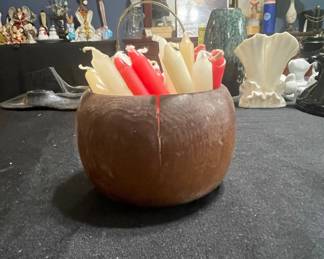 Carved Coconut Shell Bowl Candle Holder with Taper Candles