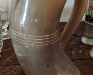 Genuine Horn Drinking Mug with Wooden Base and Incised Lines