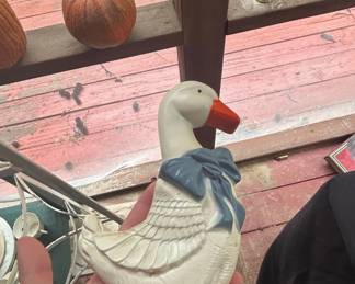 Vintage Ceramic Goose Figurine with Blue Bow
