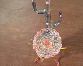 Glass Cactus Figurine with Decorative Bowl