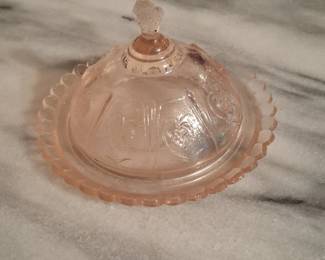 Pink Depression Glass Cherry Blossom Butter Dish with Lid
