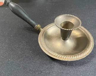 Brass Chamberstick Candlestick Holder with Wooden Handle