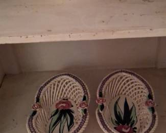 Vintage Ceramic Woven Basket with Floral Appliqus  Possibly Bassano or Capodimonte third image