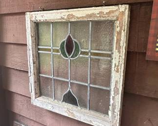 Antique Leaded Stained Glass Window Panel with Floral Motif