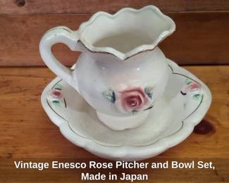 Vintage Enesco Rose Pitcher and Bowl Set, Made in Japan