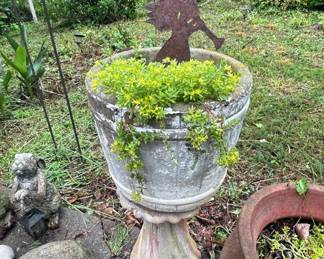 Concrete Pedestal Urn Planter with Rustic Metal Silhouette