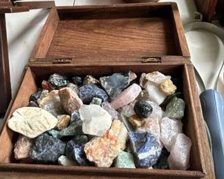 Carved Wooden Box with Assorted Raw Gemstones