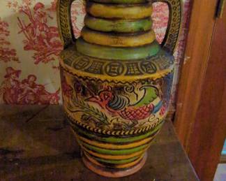 Vintage HandPainted Terracotta Vase with Bird and Floral Motif