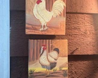 Vintage Rooster and Hen Paintings Set of 