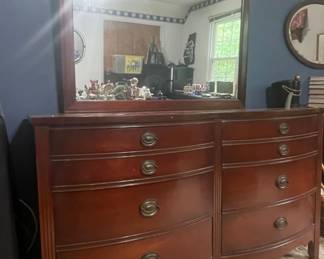 Vintage Dixie Mahogany Double Bow Front Dresser with Mirror