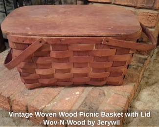 Vintage Woven Wood Picnic Basket with Lid  WovNWood by Jerywil second image