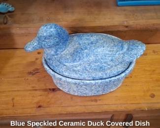 Blue Speckled Ceramic Duck Covered Dish second image