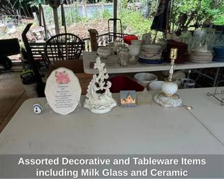Assorted Decorative and Tableware Items including Milk Glass and Ceramic Figurines