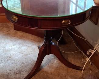 Mahogany Drum Table with Glass Top and Claw Feet