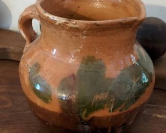 Folk Art Earthenware Jug with Green Glaze Drip  Possibly Mexican