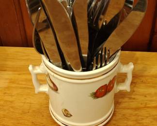 Ceramic Utensil Holder with Tomato Decoration and Stainless Steel Cutlery Set