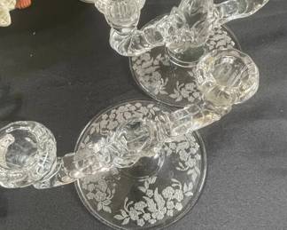 Vintage Etched Glass TwoLight Candelabra  New Martinsville Queen Ann