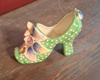 Vintage Polka Dot Ceramic High Heel Shoe Figurine with Floral Embellishments