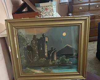 Reverse Glass Painting of a Castle by a River at Night
