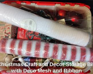 Christmas Craft and Decor Storage Bin with Deco Mesh and Ribbon
