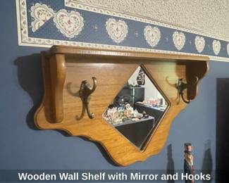 Wooden Wall Shelf with Mirror and Hooks second image