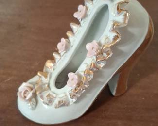 Vintage Porcelain High Heel Shoe Figurine with Pink Flowers and Gold Trim