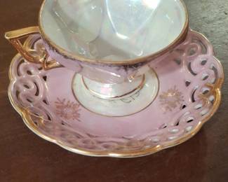 Vintage Pink Iridescent Teacup and Saucer Set with Openwork Lattice Design