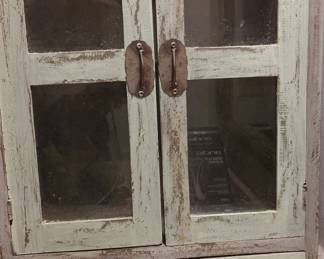 Distressed Wood Cabinet with Glass Doors and Drawers
