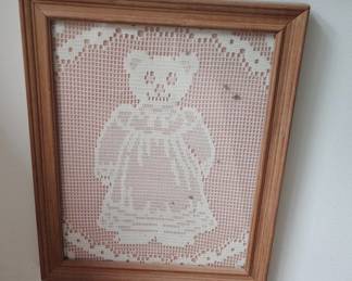 Framed Filet Crochet Teddy Bear Art
