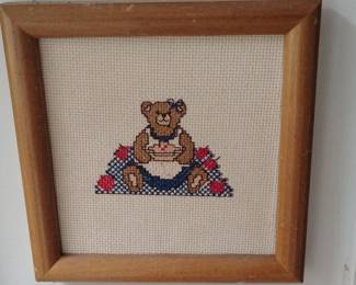 Framed Teddy Bear CrossStitch with Cake