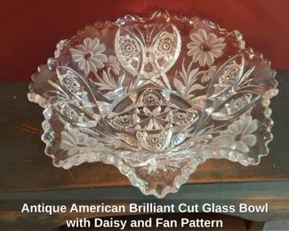 Antique American Brilliant Cut Glass Bowl with Daisy and Fan Pattern