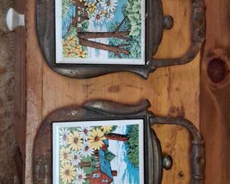Vintage Cast Iron Trivets with Ceramic Inserts Set of 