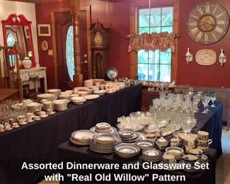Assorted Dinnerware and Glassware Set with Real Old Willow Pattern third image