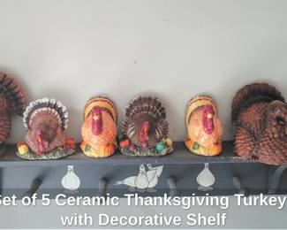 Set of Ceramic Thanksgiving Turkeys with Decorative Shelf