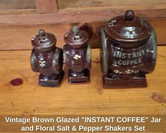 Vintage Brown Glazed INSTANT COFFEE Jar and Floral Salt  Pepper Shakers Set