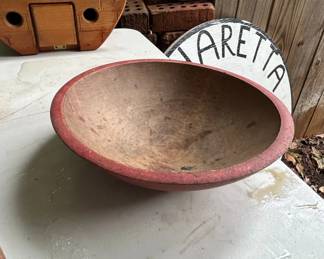Vintage Wooden Dough Bowl with Red Rim