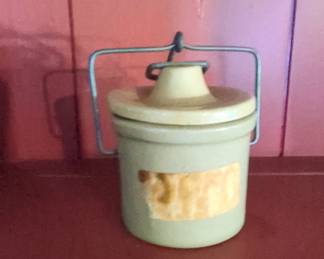 Vintage The Weir Patented Stoneware Butter Crock with Wire Bail Handle