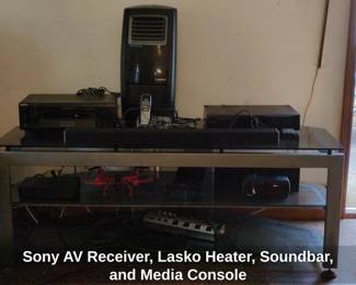 Sony AV Receiver, Lasko Heater, Soundbar, and Media Console