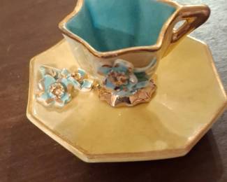 Miniature Porcelain Teacup and Saucer Set with Floral Appliqu second image