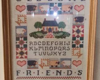 Vintage Welcome Friends CrossStitch Sampler with House, Sheep, and Quilting Motifs