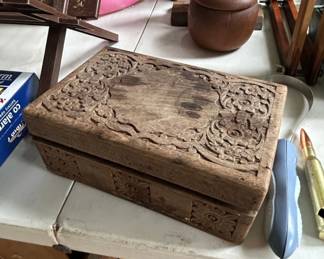 Carved Wooden Box with Assorted Raw Gemstones second image