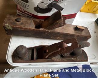 Antique Wooden Hand Plane and Metal Block Plane Set