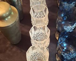 Cristal DArques Longchamp Cut Crystal Goblets and Blue Floral Tumblers with Shaker Set