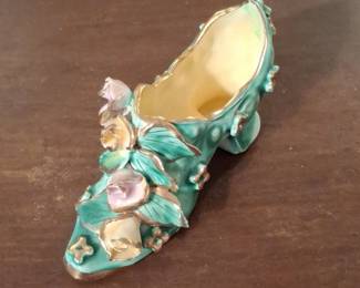 Victorian Style Porcelain Ladys Slipper Figurine with Floral Embellishments