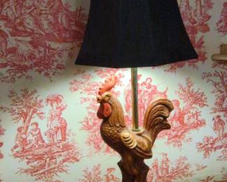 Vintage Ceramic Rooster Table Lamp with Toile Shade