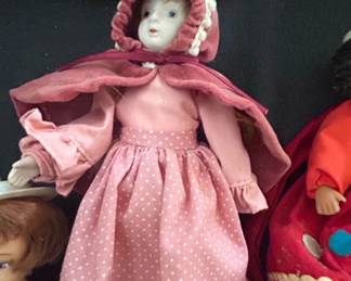 Vintage Porcelain Head Doll with Pink Polka Dot Dress and Bonnet